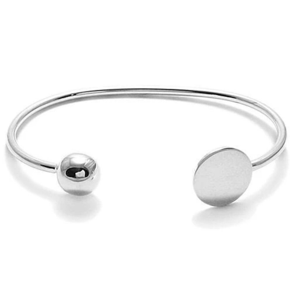 PRETTY ALPACA SILVER ENGRAVABLE ROUND PLATE CUFF BRACELET WITH BEAD - 7 INCH